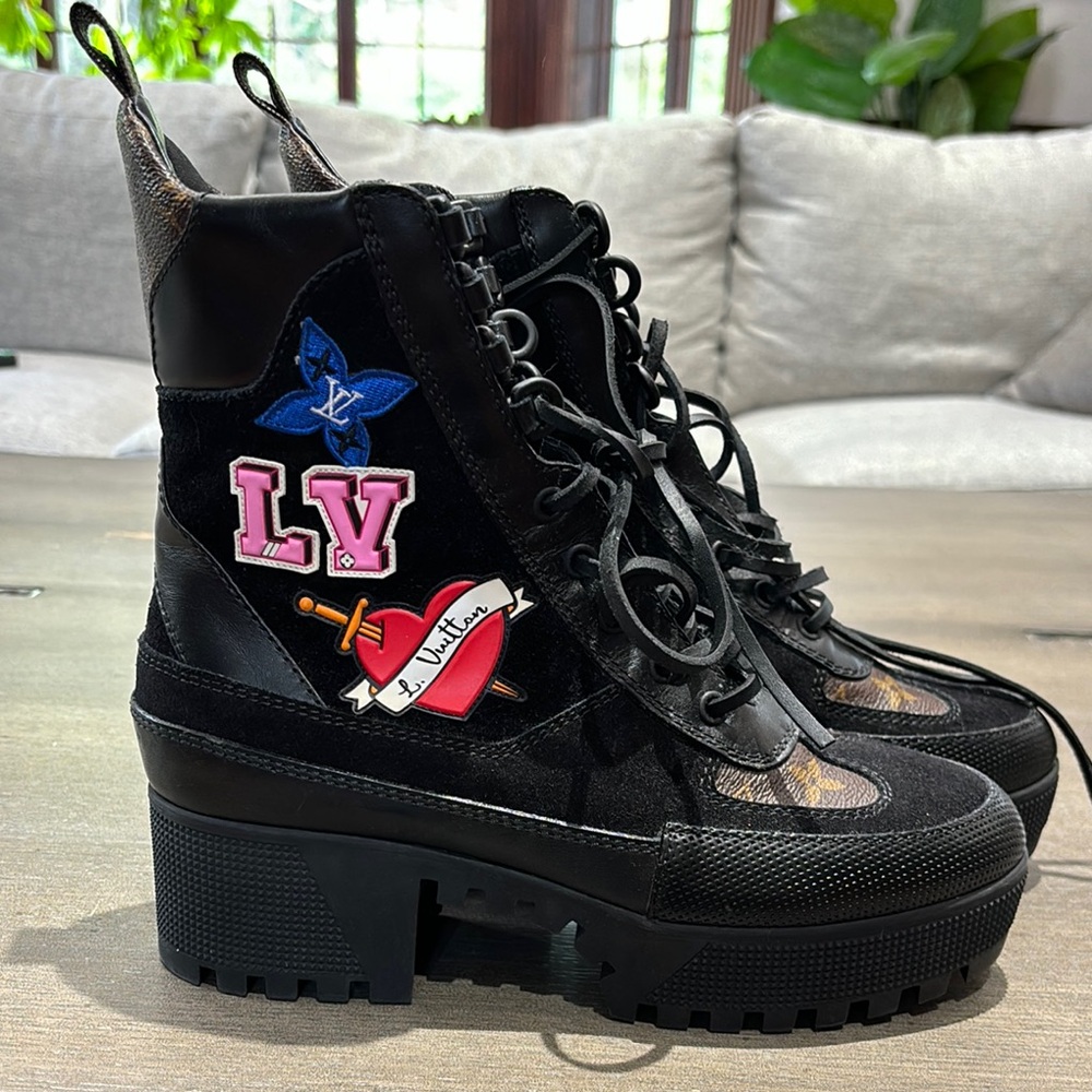 Louis Vuitton Black Lace Up Boots with Platform Sole